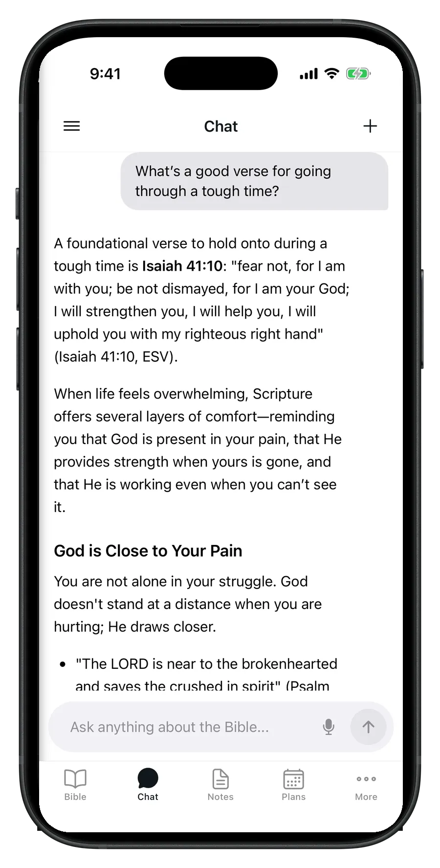 Sola chat answering “What's a good verse for going through a tough time?” with Isaiah 41:10 quoted and cited
