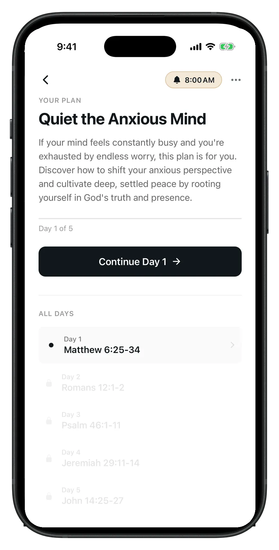 Sola reading plan “Quiet the Anxious Mind” with five daily passages from Matthew 6 to John 14
